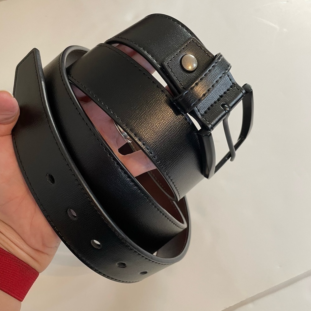 Black Leather Simple Classic Belt Size US 56-58  Width 1.5” Casual Buckle